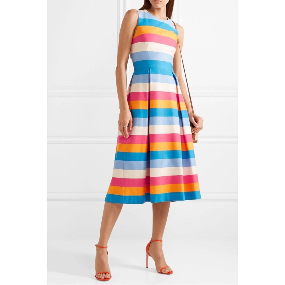RUNWAY $2590 Carolina Herrera tie-back striped cotton-blend midi dress Sz 12 - Picture 5 of 10